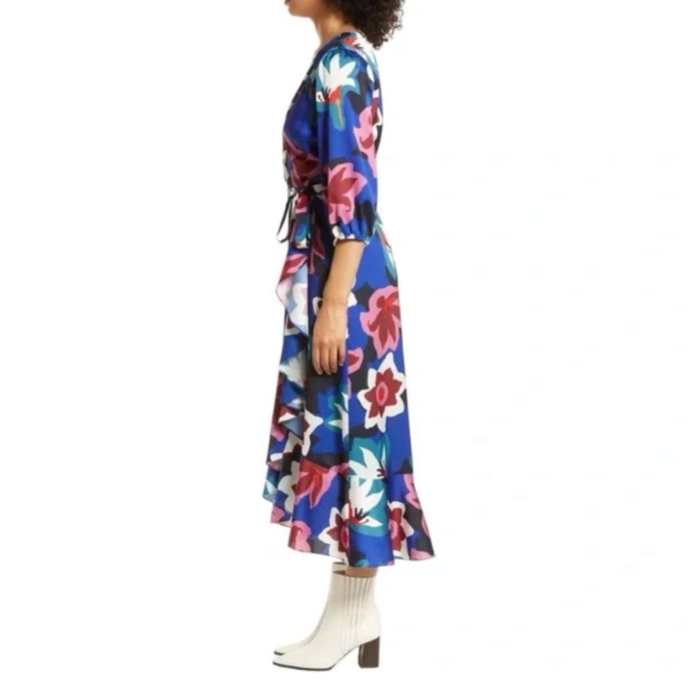 Sam Edelman Matisse Floral Faux Wrap Midi Dress Cobalt Multi 3/4 Sleeve - Picture 3 of 11